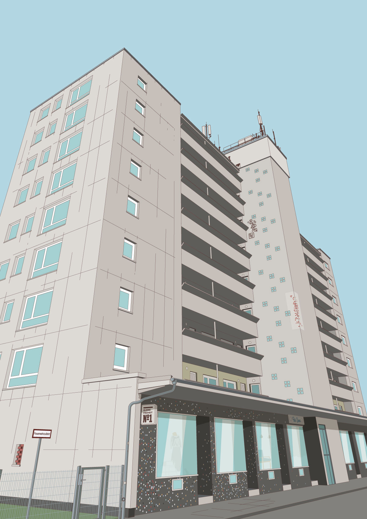 Introbild: Comicstyle illustrated building. Kleine Freiheit 1 in Hamburg